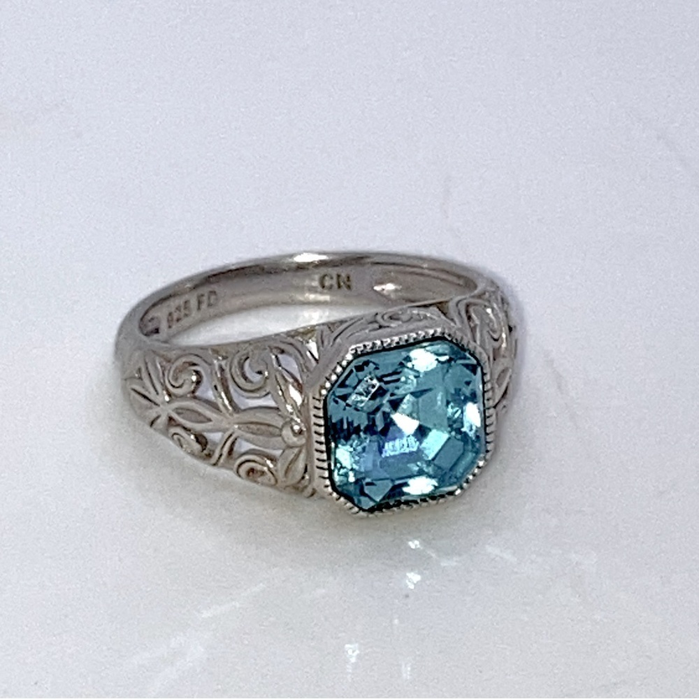 Vtg Sterling Silver & Blue Square Cubic Zirconia Floral Filirgree Band Sz 6.75 - Picture 3 of 12